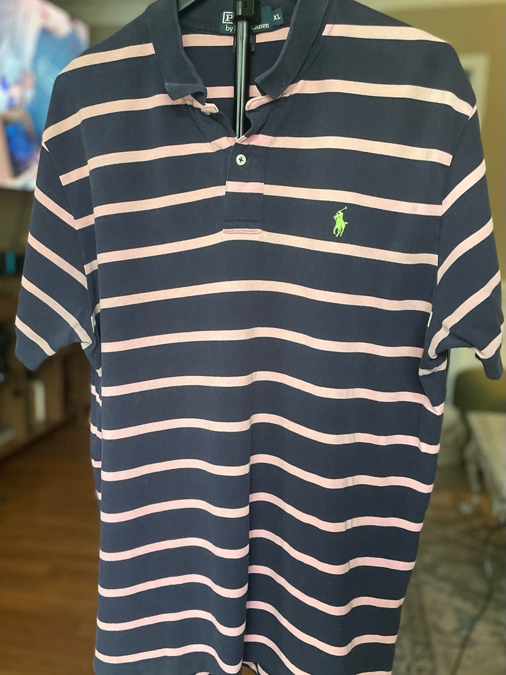 Polo by Ralph Lauren Navy with Pink Stripes and Lime Pony Polo Shirt, Men’s XL